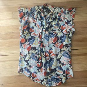 Theory 100% Silk Floral Ruffled Sleeveless Blouse M